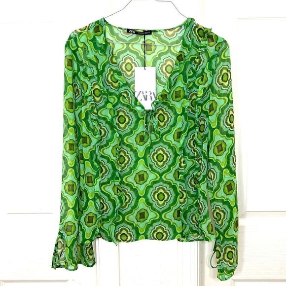 Zara Sheer Green Printed Geo 70’s Retro Hippiecore Bell Sleeve Top New Size S - Picture 2 of 14